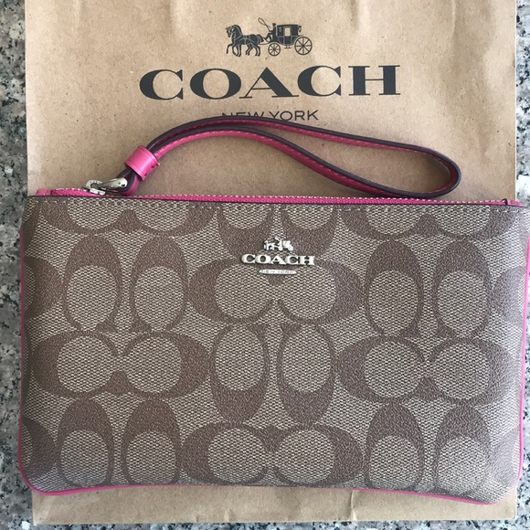 Coach Handbags - Large Wristlet in Khaki/Magenta Coach Handbags - Large Wristlet in Khaki/Magenta